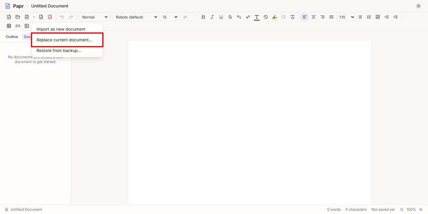 The import options menu with Replace current document outlined in red.