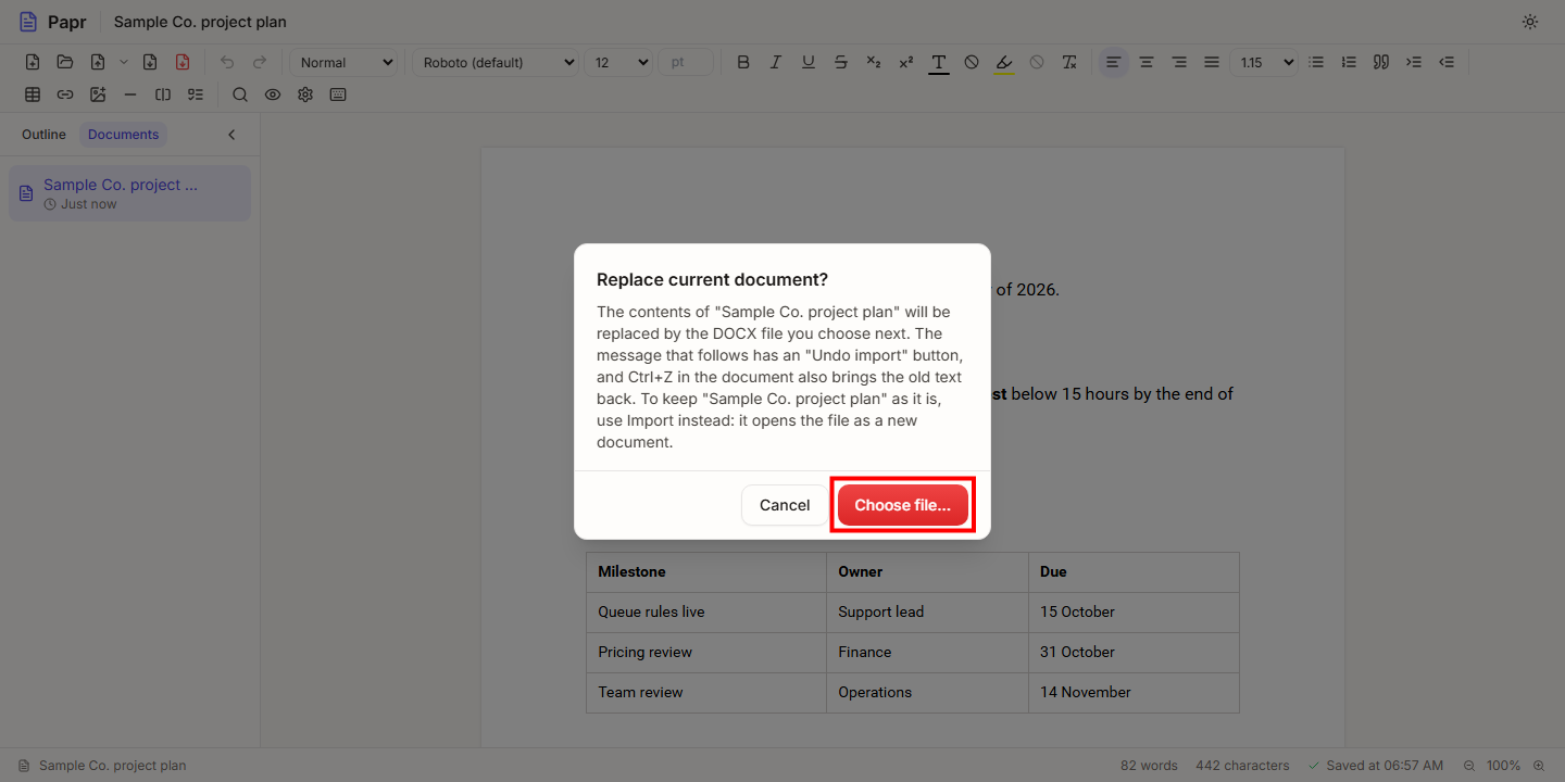 The Replace current document confirmation, with the Choose file button outlined in red.
