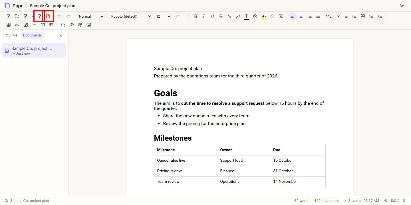 The toolbar with the Export as DOCX and Export as PDF buttons outlined in red.