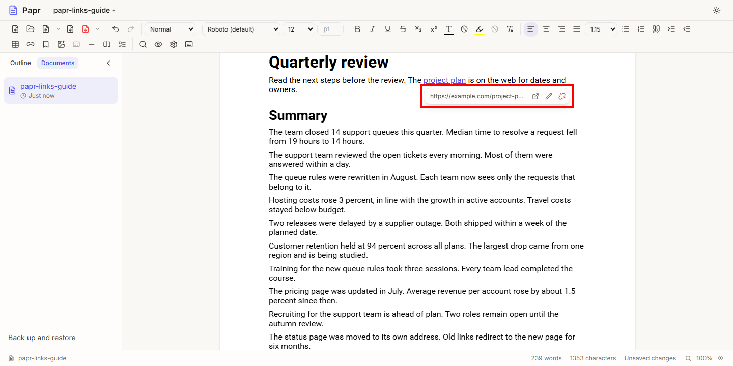 The link bar under the words project plan, showing the address and three buttons: Open link, Edit link and Remove link. A red box surrounds the bar.