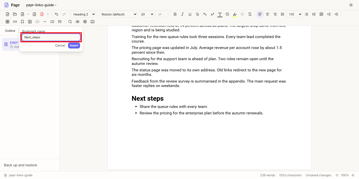 The Insert bookmark popover with the name Next_steps in the Bookmark name field, and a red box around the field.