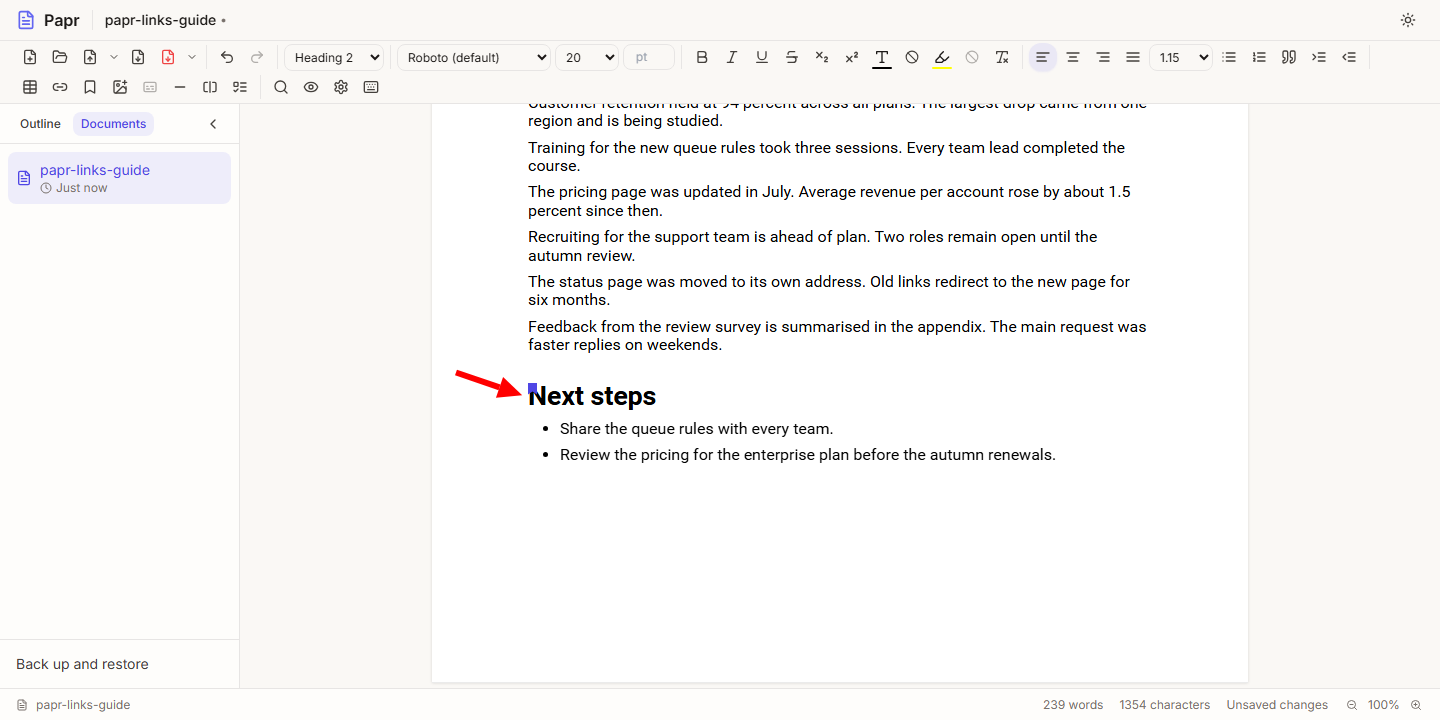 The Next steps heading with a small blue flag at its start. A red arrow points to the flag from the margin.