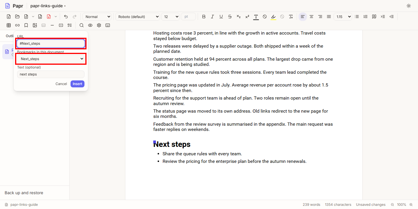 The link popover with the URL field showing #Next_steps, and the Bookmarks in this document list below it showing Next_steps. Red boxes surround the URL field and the list.