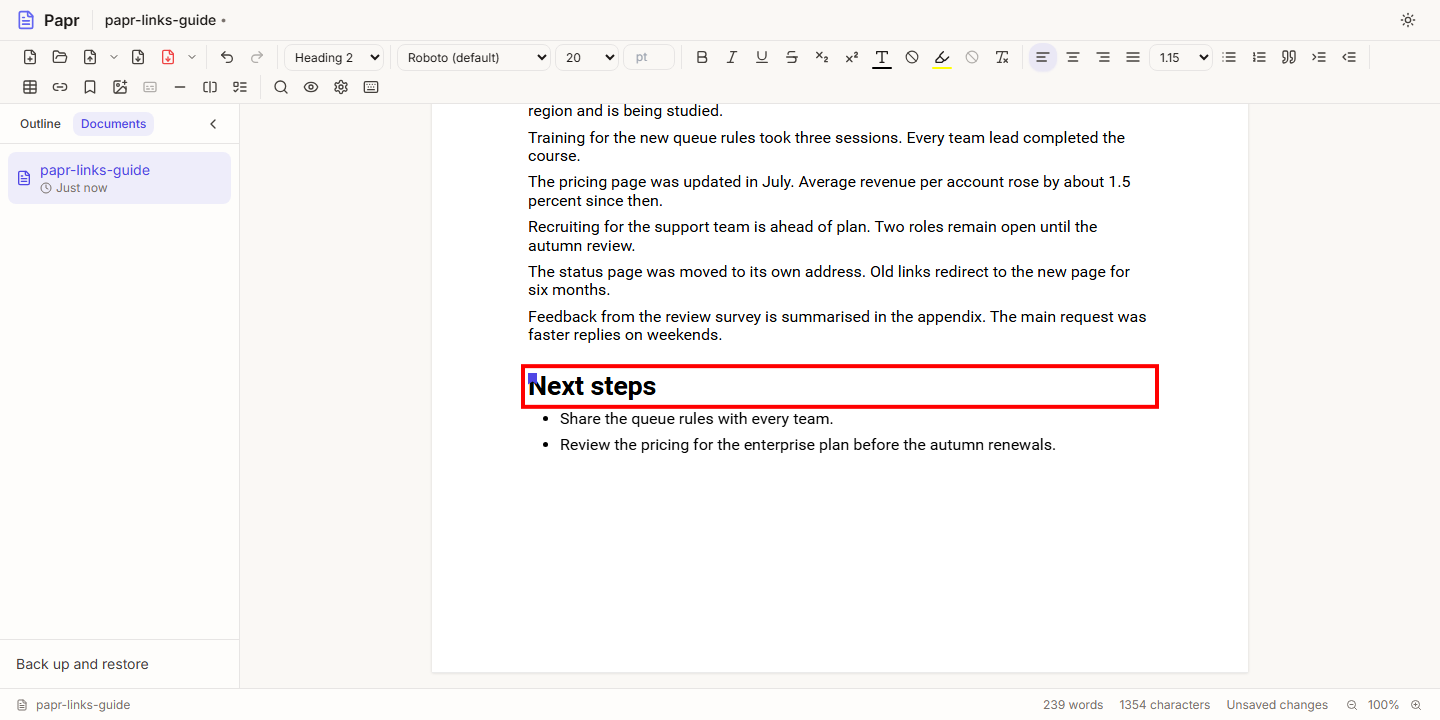 The Next steps heading after a Ctrl+click on the link, with the editor scrolled to the heading and its flag at the start. A red box surrounds the heading.