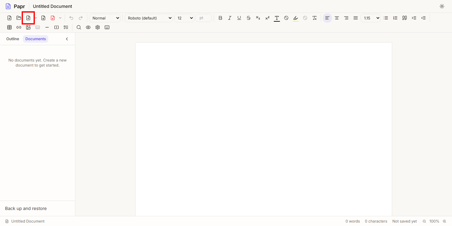 The Docs toolbar with the Import DOCX or Markdown button outlined in red.