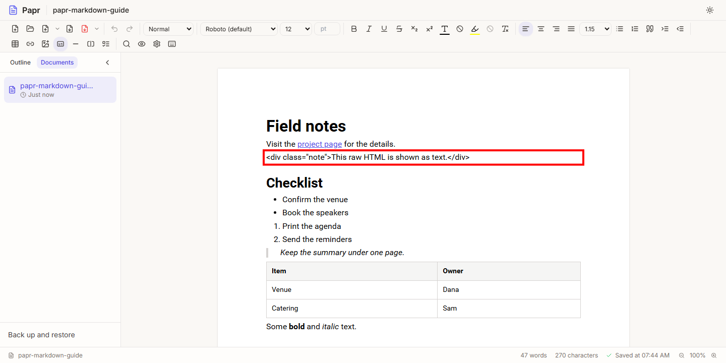 An imported Markdown file in Docs. A line of raw HTML, outlined in red, is shown as plain text.