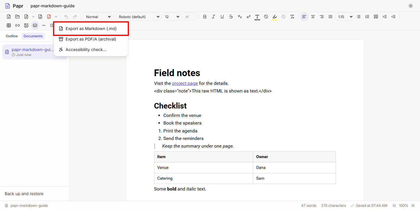 The More export options menu open, with Export as Markdown (.md) outlined in red.