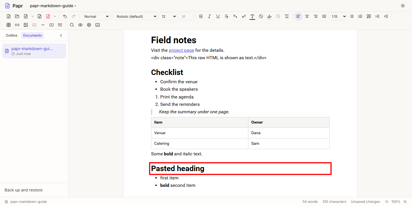 A pasted Markdown heading, outlined in red, formatted as a heading with its list below it.