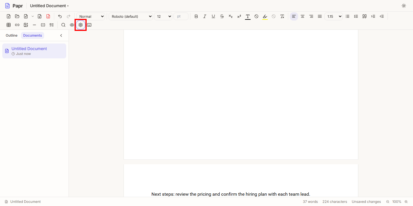 The Papr Docs toolbar with the Page Setup button outlined in red.