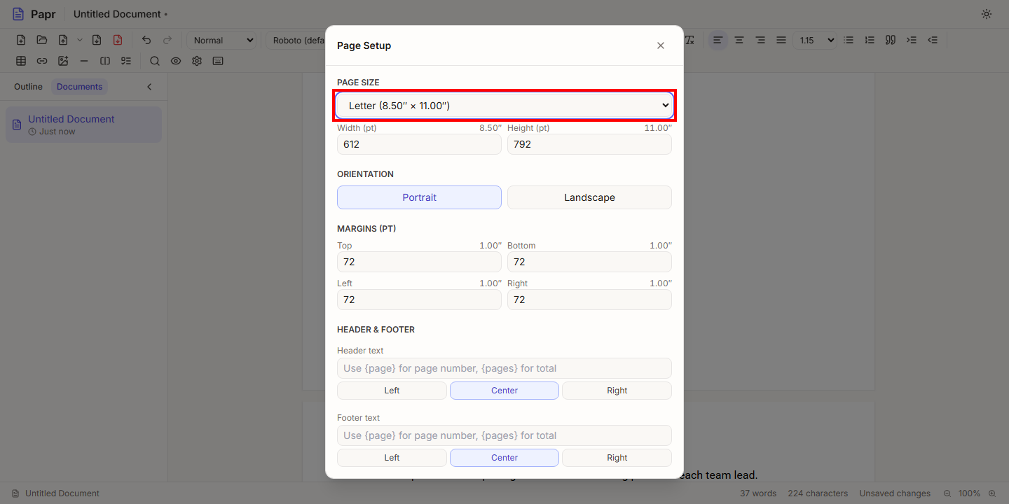 The Page Setup dialog with the Page Size list outlined in red.