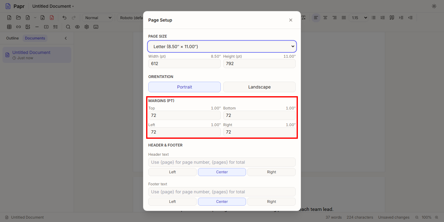 The Margins fields of the Page Setup dialog, outlined in red.