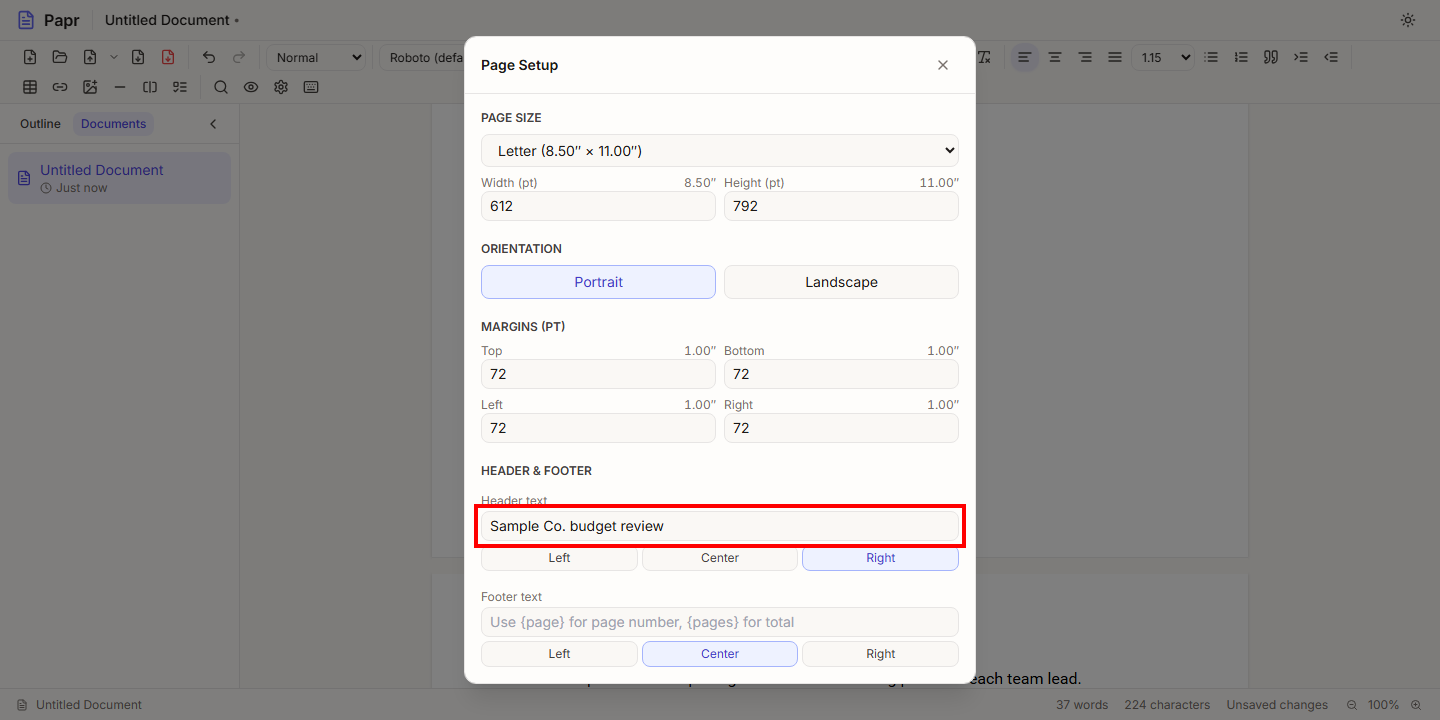The Header text field with Sample Co. budget review typed in, and the Right alignment selected.