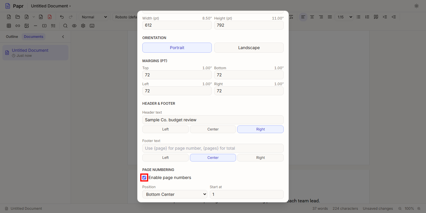 The Page Numbering section with Enable page numbers ticked and outlined in red.