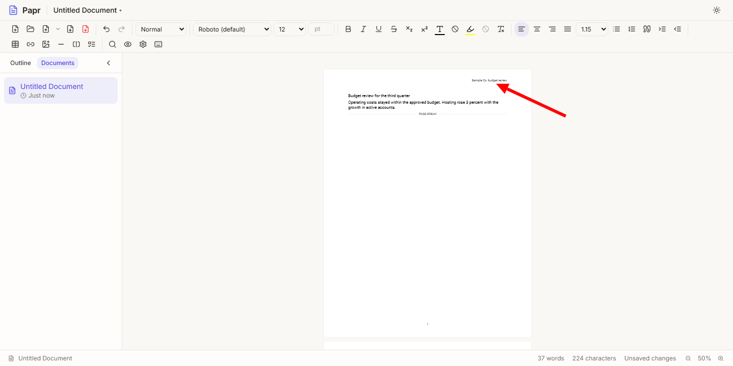 The first sheet with the header Sample Co. budget review at the top right, and a page break below the text.