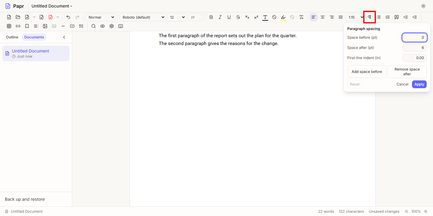The toolbar with the Paragraph spacing button outlined in red, beside the line spacing list, and the Paragraph spacing panel open below it.