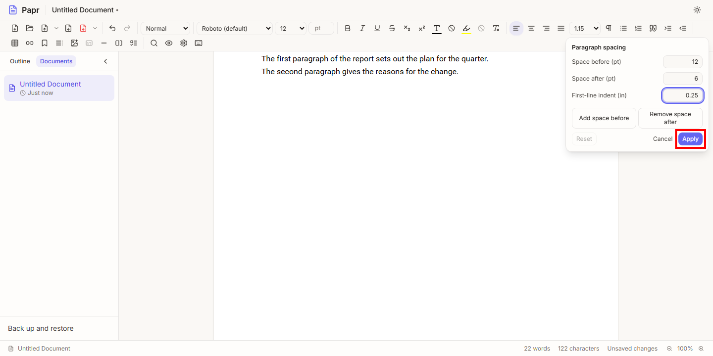 The Paragraph spacing panel with 12 in Space before, 6 in Space after and 0.25 in First-line indent, and the Apply button outlined in red.