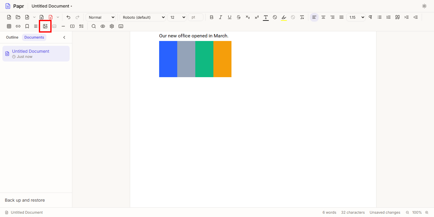 The Insert Image button in the toolbar outlined in red, and a picture placed in the page below a line of text.