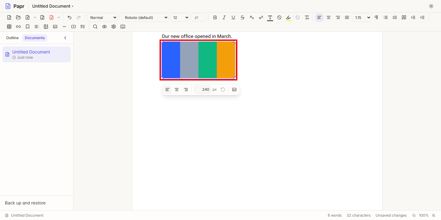 A selected picture with an outline, a square handle at each corner, and the picture options bar below it.