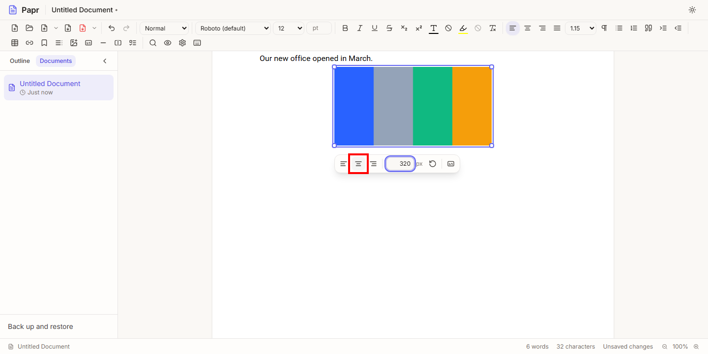 The picture options bar under a selected picture, with Align picture center outlined in red and the width field showing 320 px.