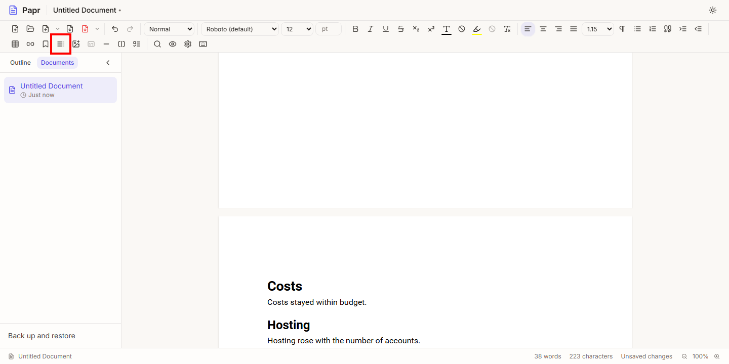 The toolbar's Table of contents button outlined in red, beside the Insert Table and Insert Link buttons, above a document with headings.