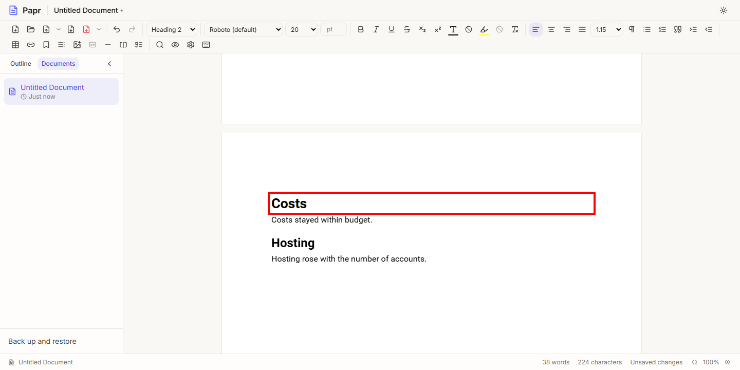 The document on its third sheet with the Costs heading outlined in red, after its entry in the table of contents was clicked.