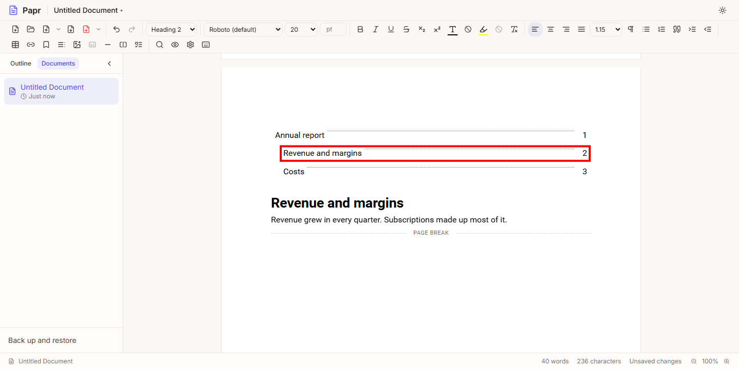 The table of contents with the entry Revenue and margins outlined in red, after its Heading 2 was renamed in the document.