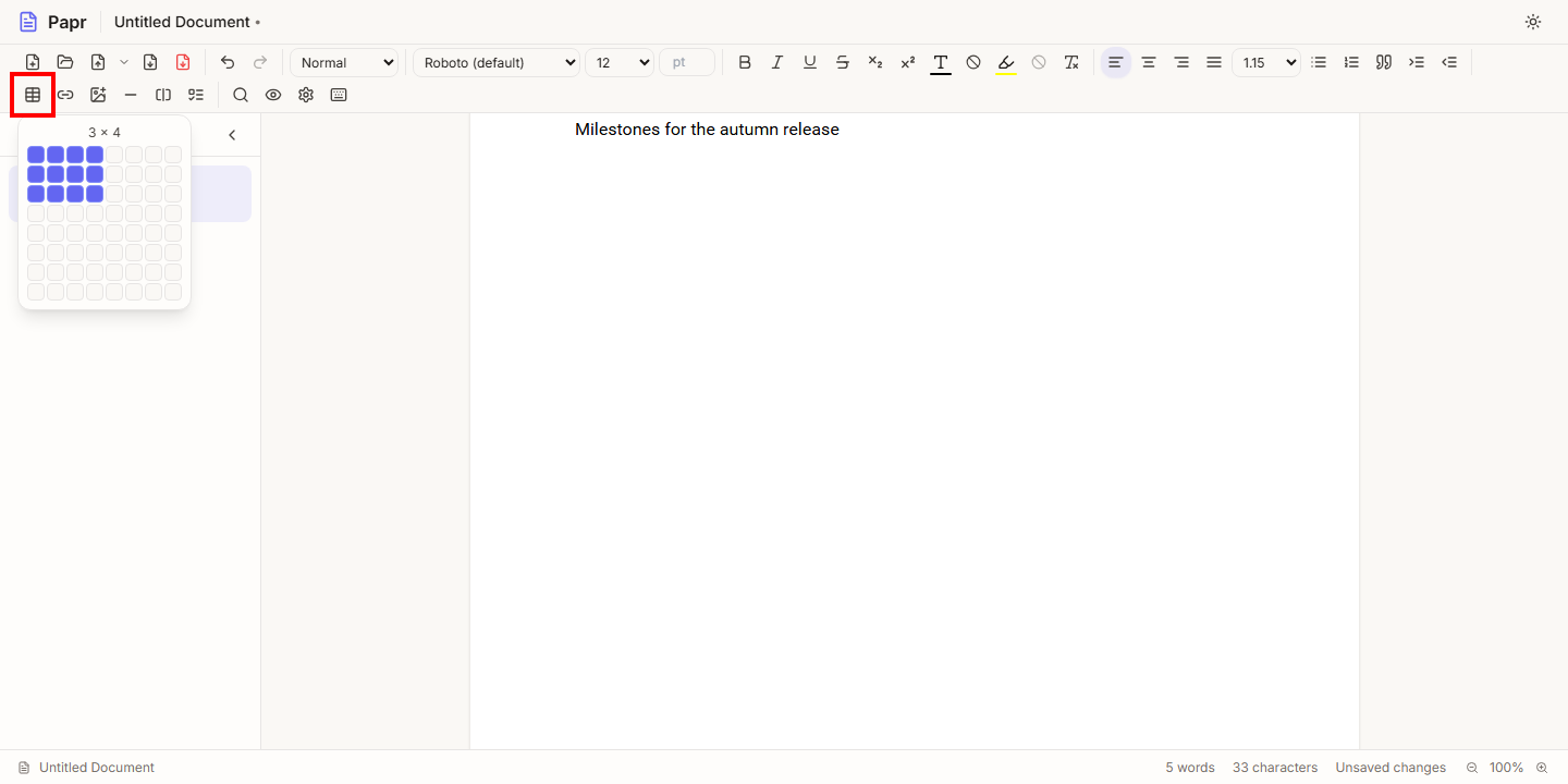 The Insert Table button in the toolbar outlined in red, with the table size grid open.