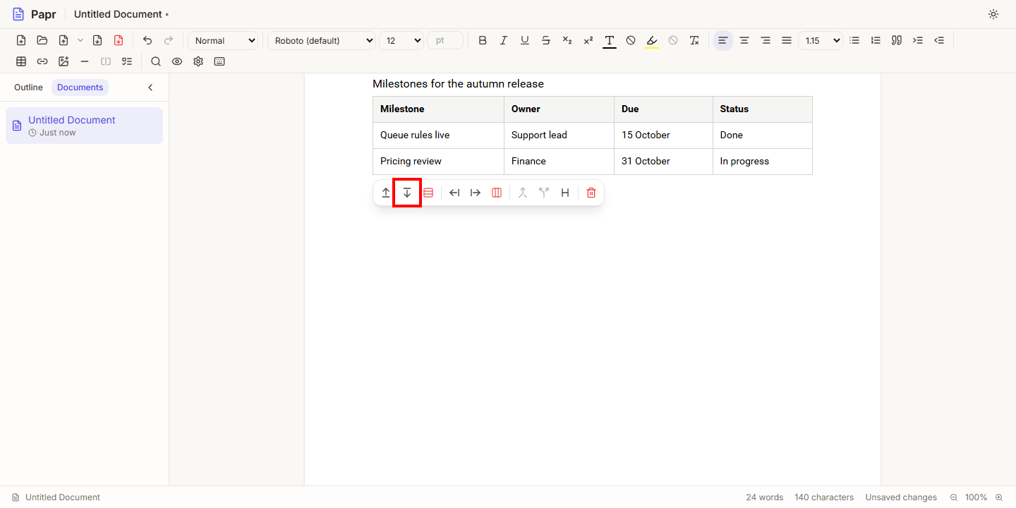 The table actions bar above a table, with Add row below outlined in red.