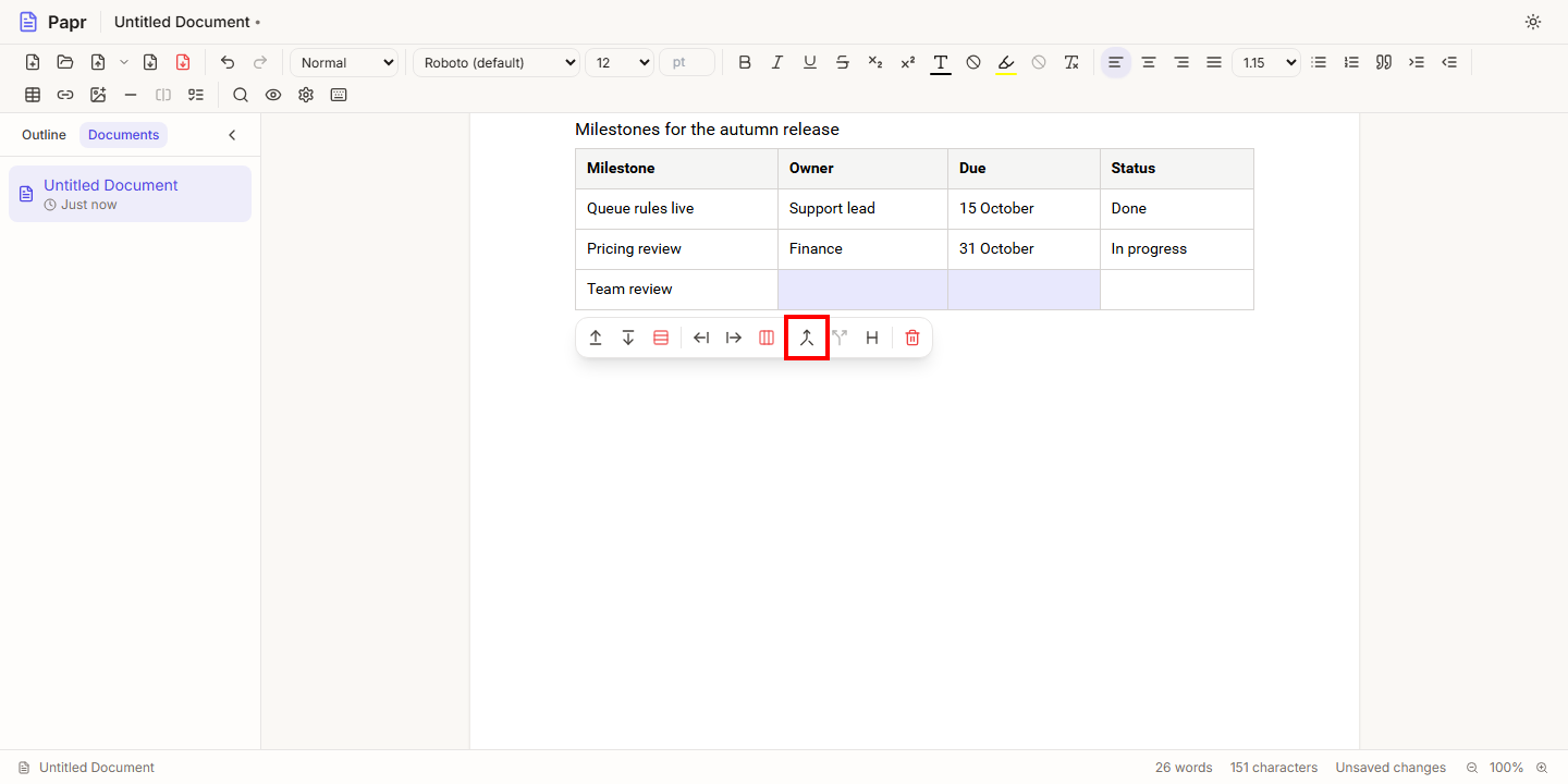 Two cells of a row selected, with the Merge cells button outlined in red.