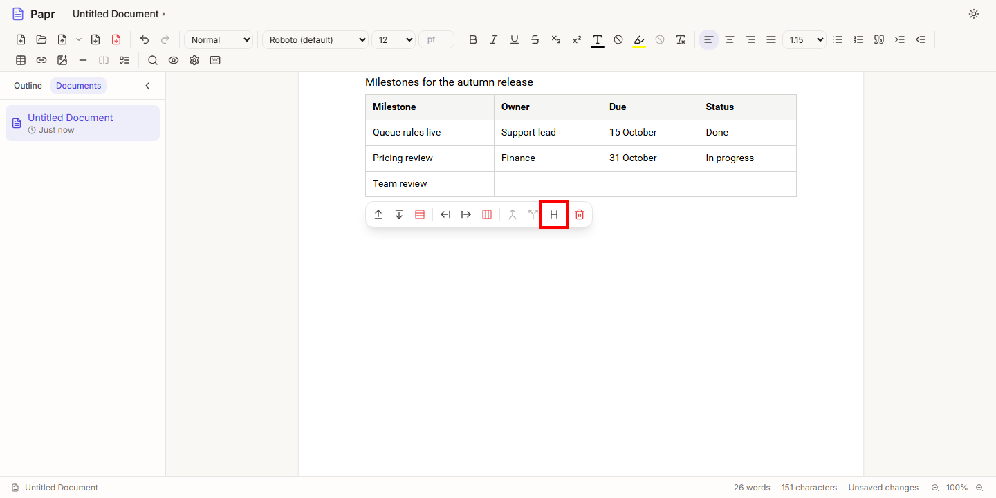 The table actions bar with the Toggle header row button outlined in red.