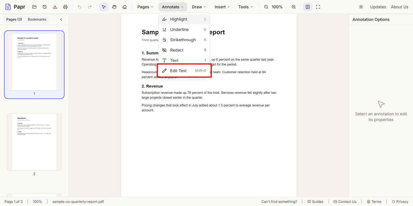 The Annotate menu open, with Edit Text outlined in red.
