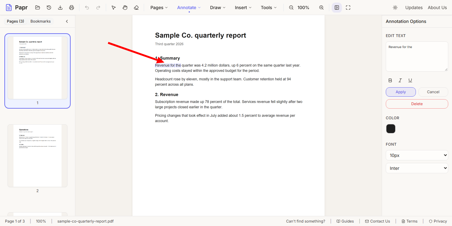 Three words selected on the page, with an arrow pointing at them.