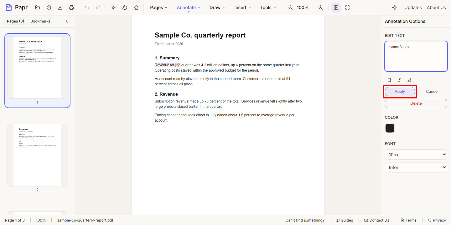 The Edit Text panel with the Apply button outlined in red.