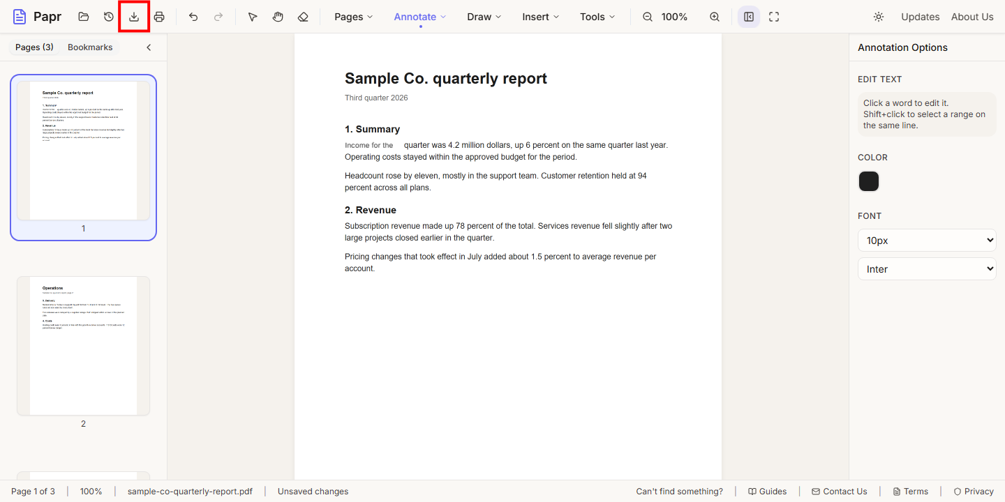 The page with the new words in place, and the Export button in the toolbar outlined in red.