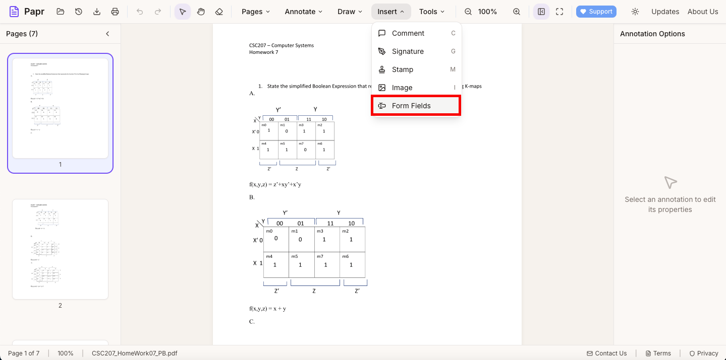 Insert dropdown menu with Form Fields option highlighted