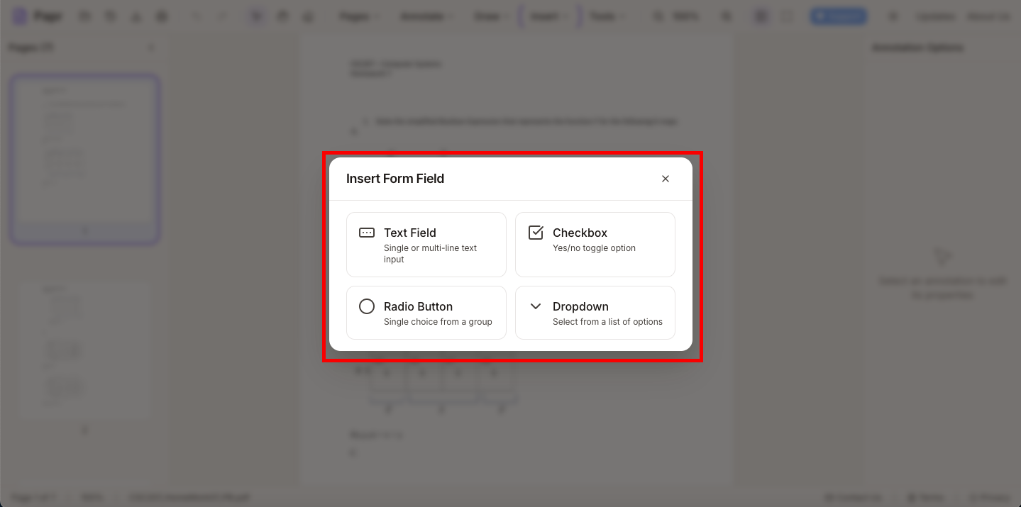 Insert Form Field dialog showing field type options (Text, Checkbox, Radio, Dropdown)