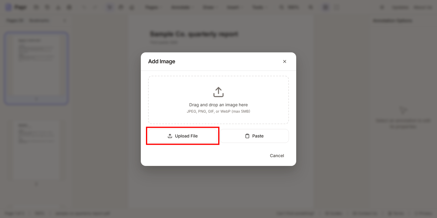 The Add Image dialog with the Upload File button outlined in red.