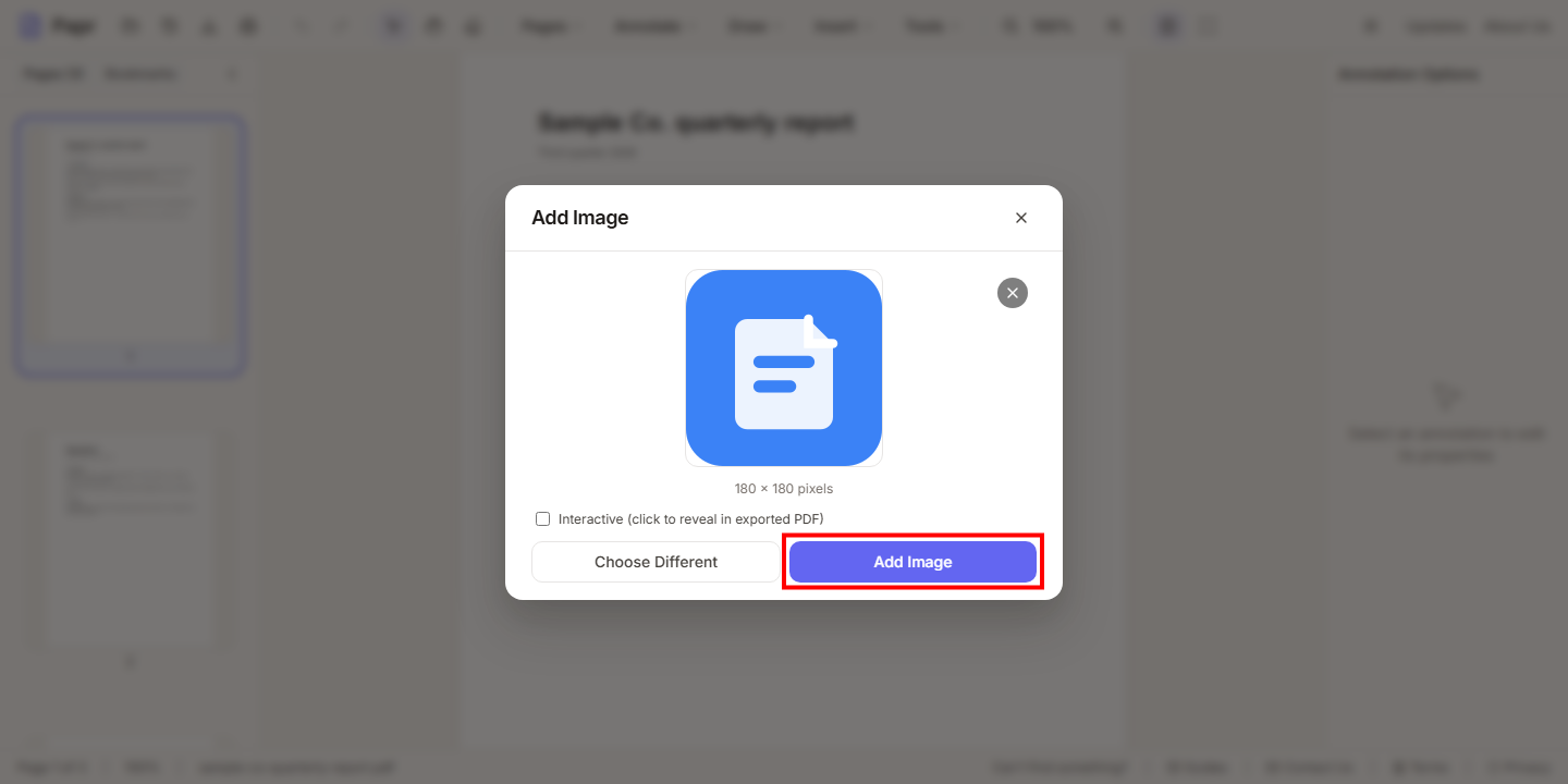 The Add Image dialog with the chosen picture and its Add Image button outlined in red.