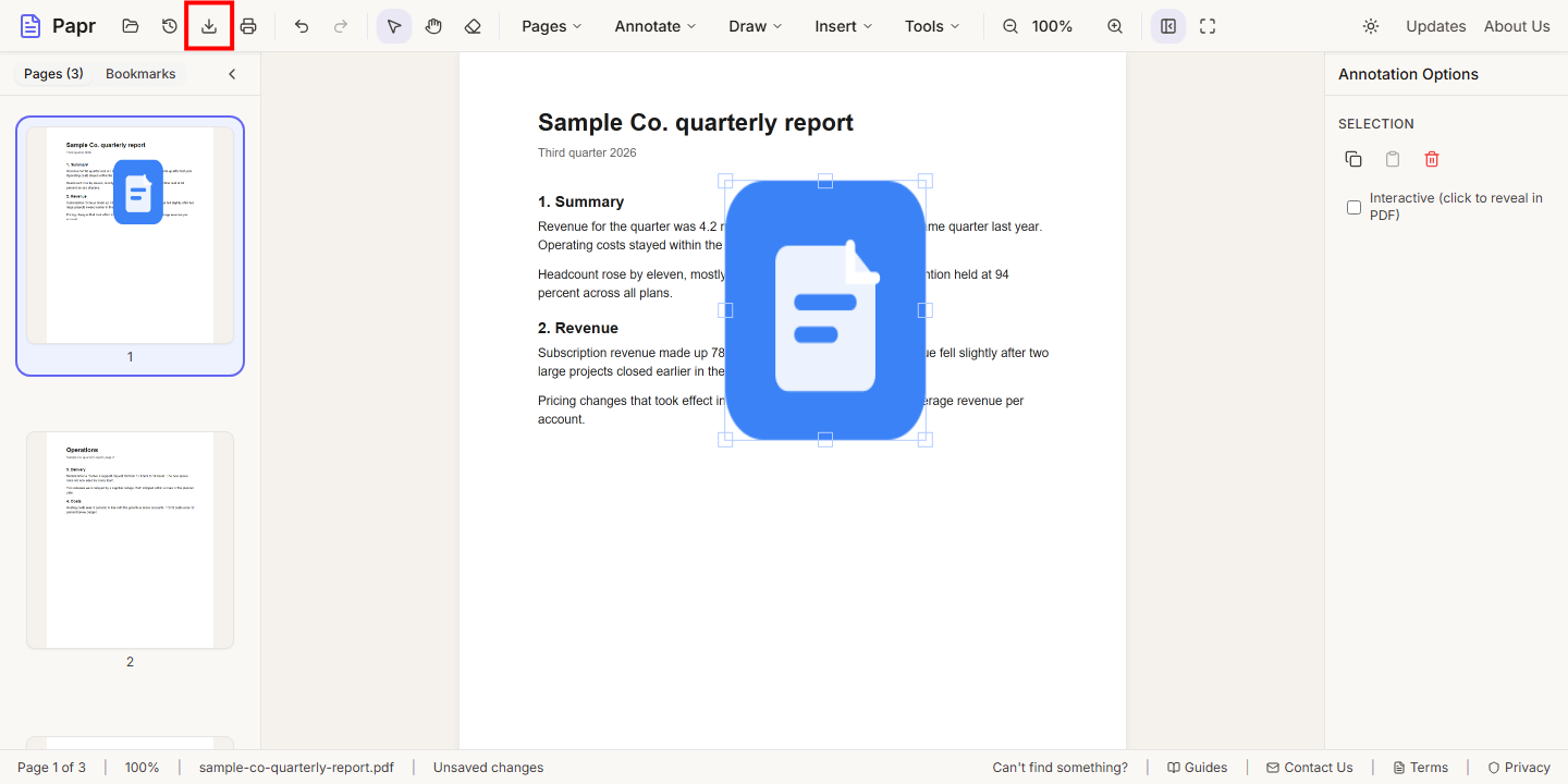 The editor with the image on the page and the Export button in the toolbar outlined in red.