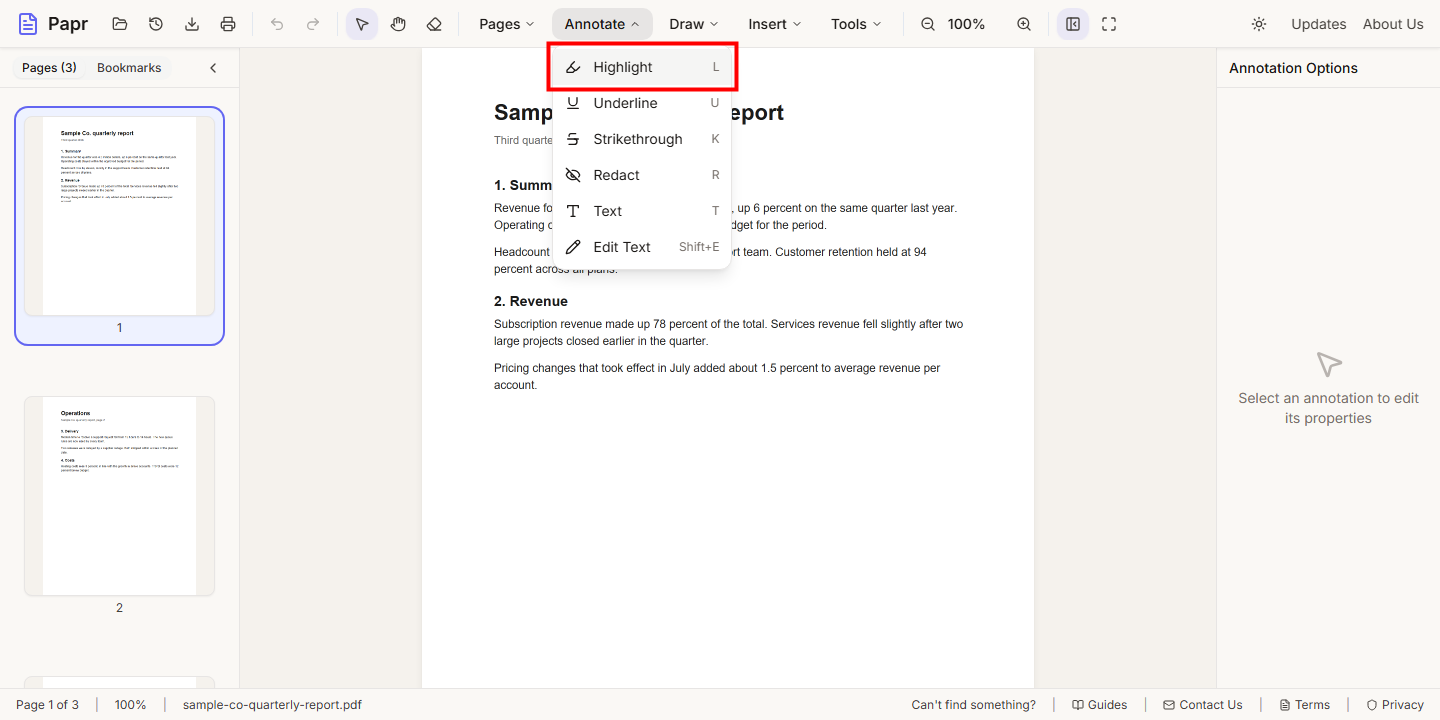 The Annotate menu open, with Highlight outlined in red and its key L shown on the right.