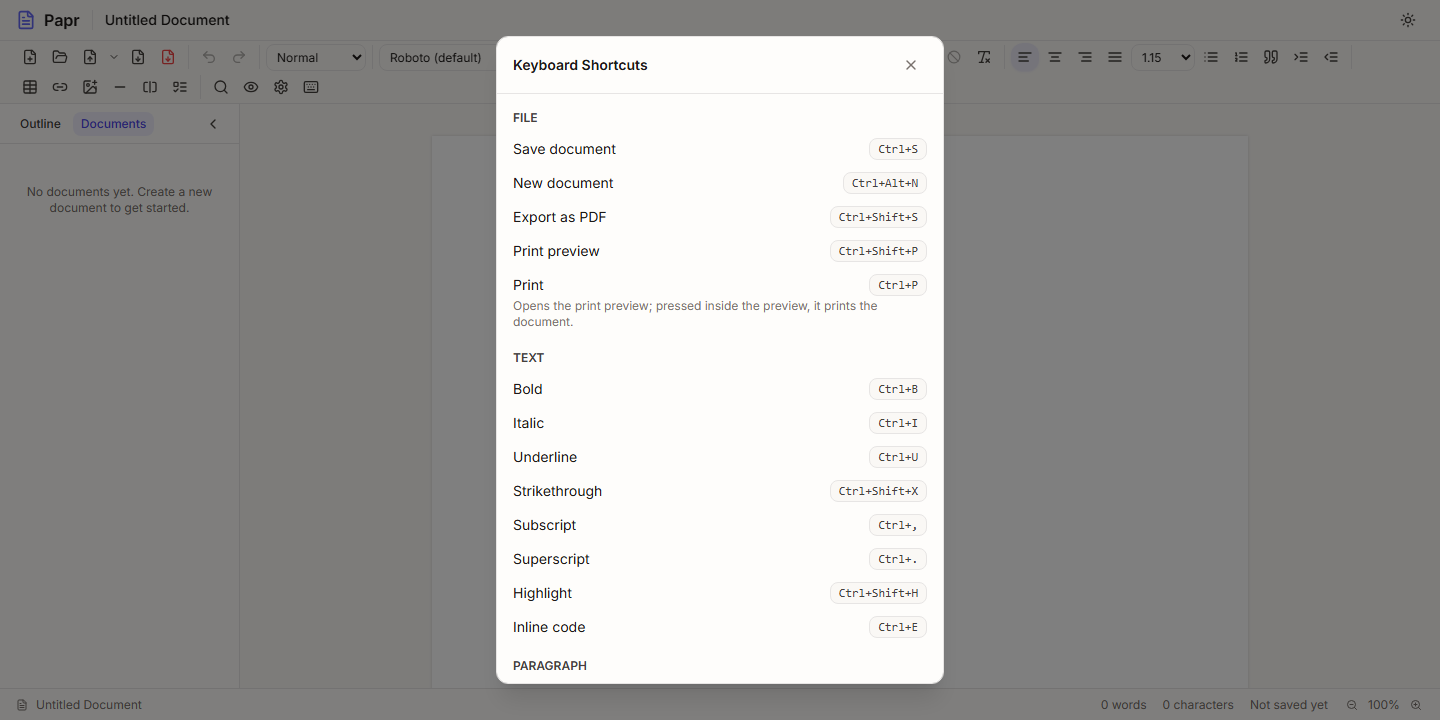 The Keyboard Shortcuts dialog of Papr Docs, listing the File and Text shortcuts with their keys.