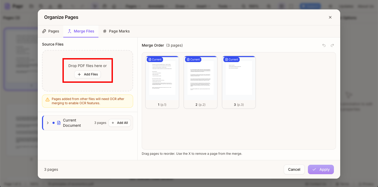 Organize Pages modal showing the Merge Files tab with Add Files button highlighted