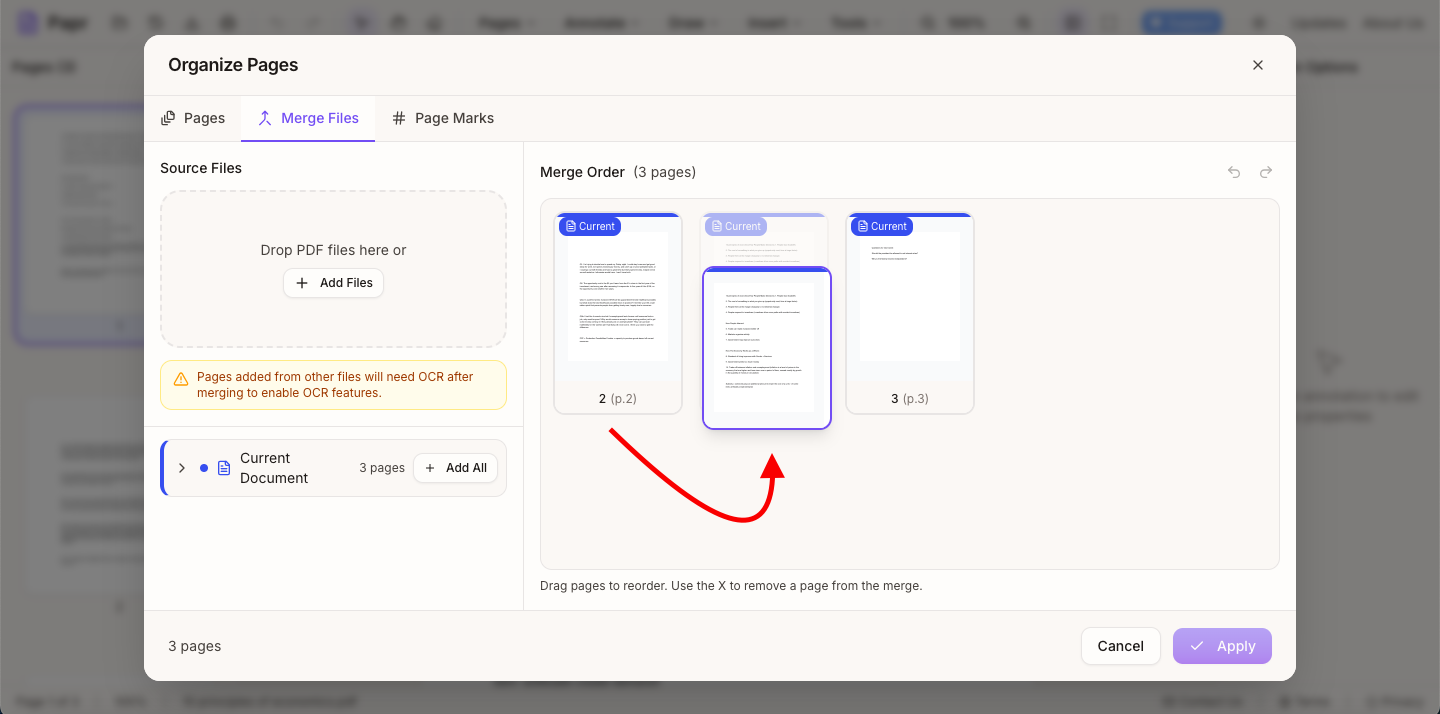 Page thumbnails with cursor dragging a page to reorder it