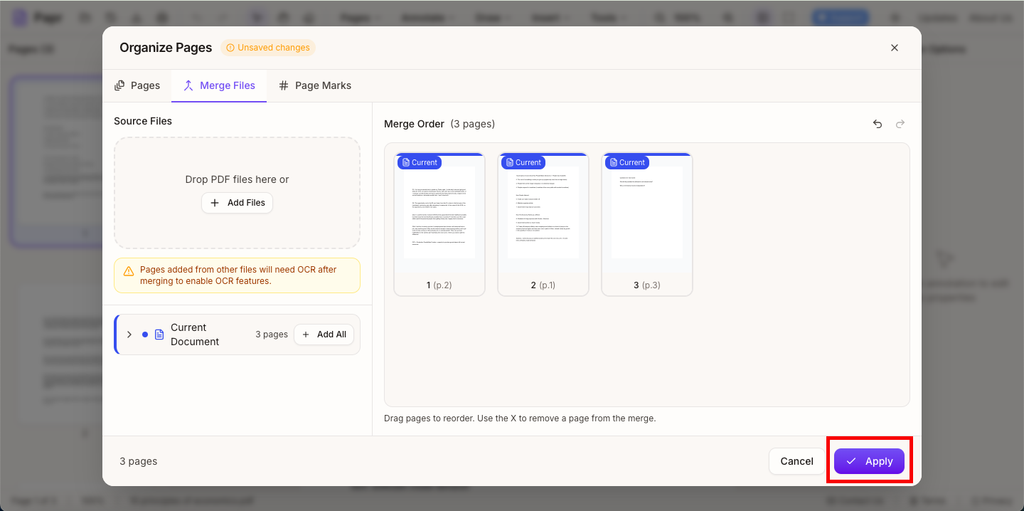 Apply button highlighted in Organize Pages modal