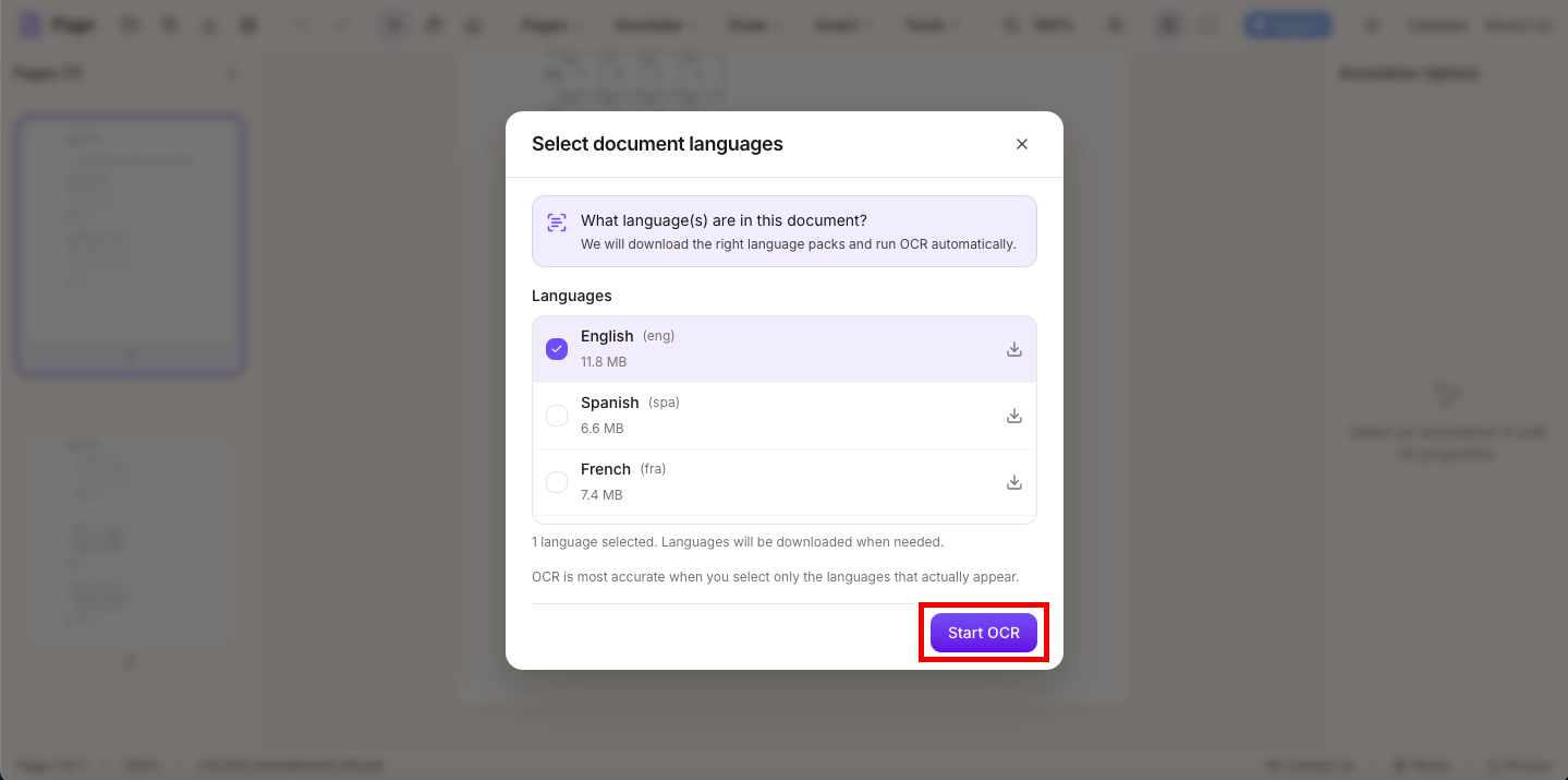 Scanned PDF loaded in Papr with OCR auto-prompt dialog visible