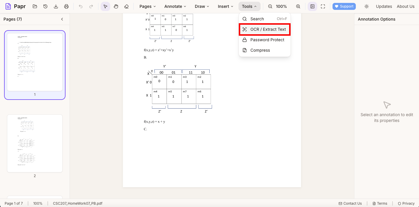 Tools dropdown menu with OCR / Extract Text option highlighted