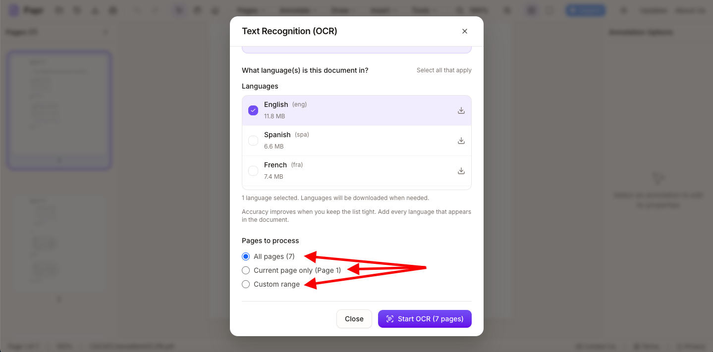 OCR panel showing page selection options (current, specific, or all pages)
