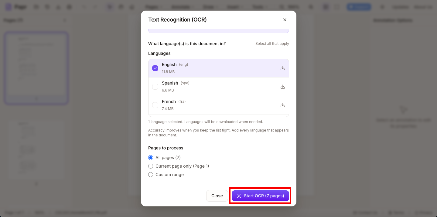 OCR panel with Start OCR button highlighted and language packs shown