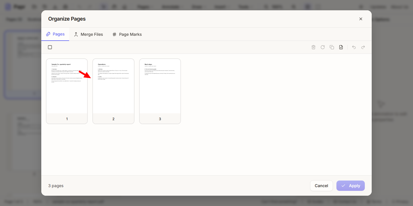 The Organize Pages dialog with three thumbnails of the sample report, numbered 1, 2 and 3.