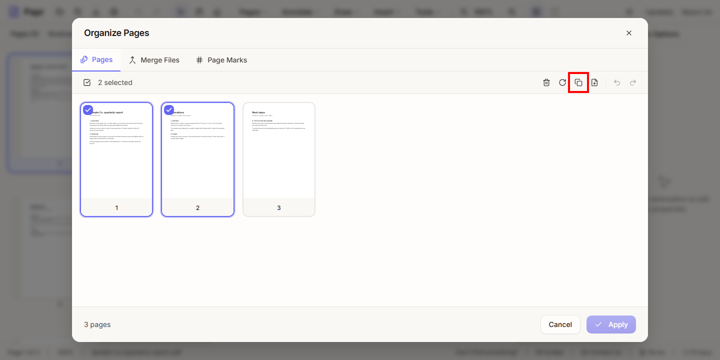 Two pages selected, with the Duplicate selected pages button outlined in red.